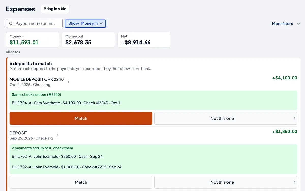Expenses, Money in: 6 deposits to match, each with the payment it matches and a Match button.