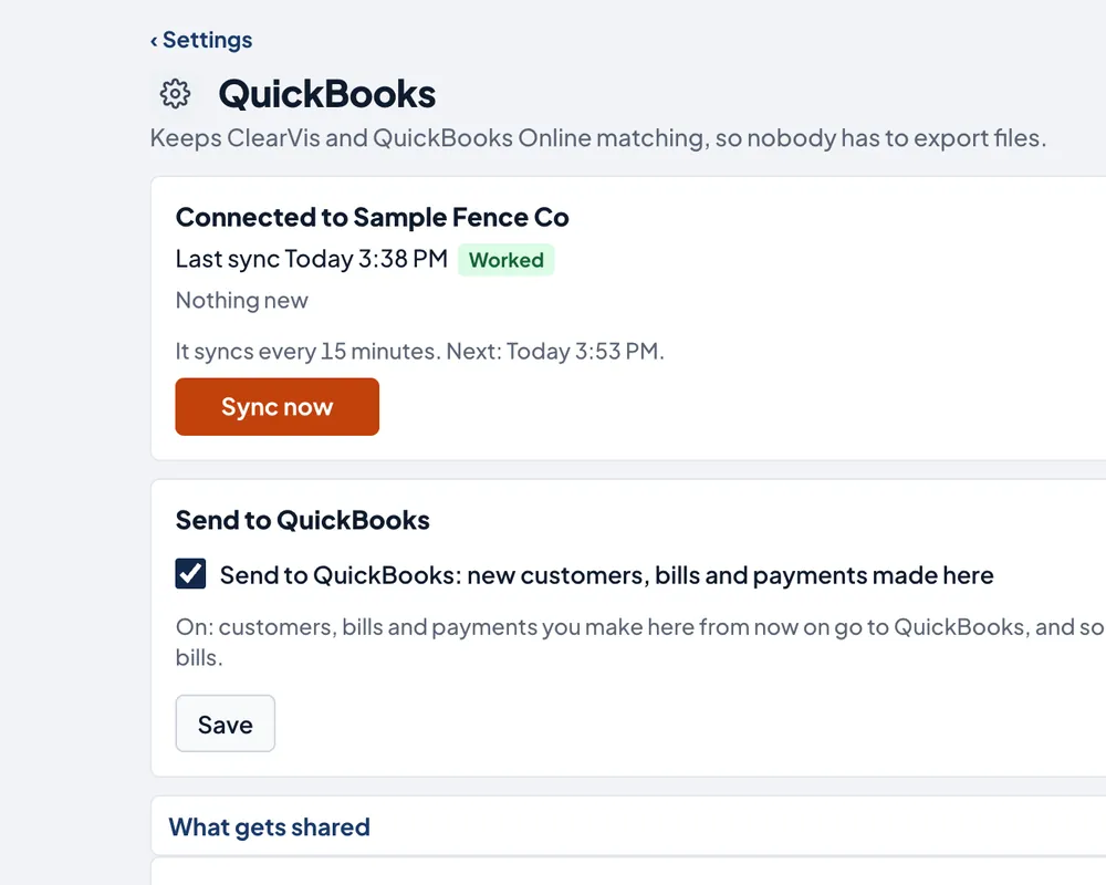 Settings, QuickBooks: connected, last sync worked, and Send to QuickBooks turned on.