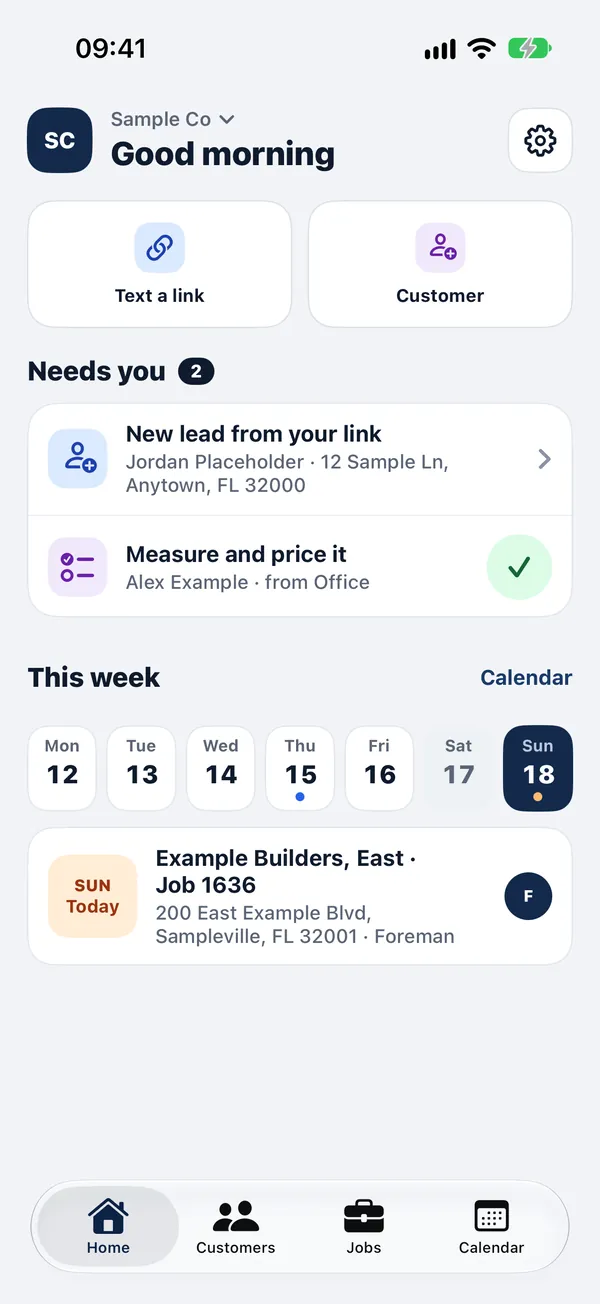 The crew's Home in the iPhone app: what needs them, this week and today's job.