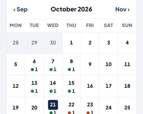 The month on the calendar, with a dot on each day that has a job.