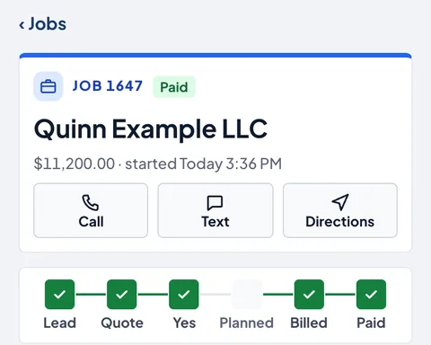 A job's page with every step ticked through to Paid.