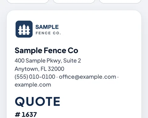 A quote as the customer sees it, on Sample Fence Co's letterhead, with Call, Text and Save PDF.